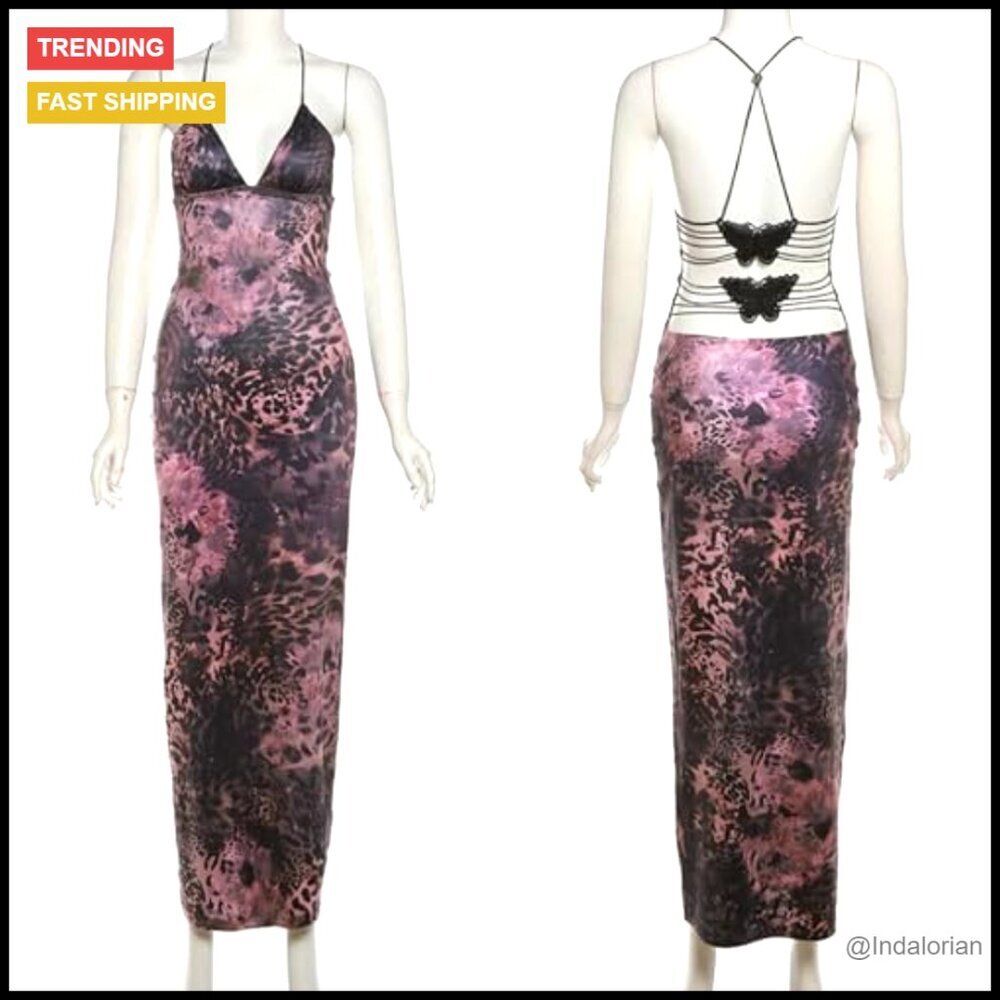 Y2K Fairy Butterfly Maxi Dress Sexy Backless Bodycon Bandage String Party - Picture 5 of 7